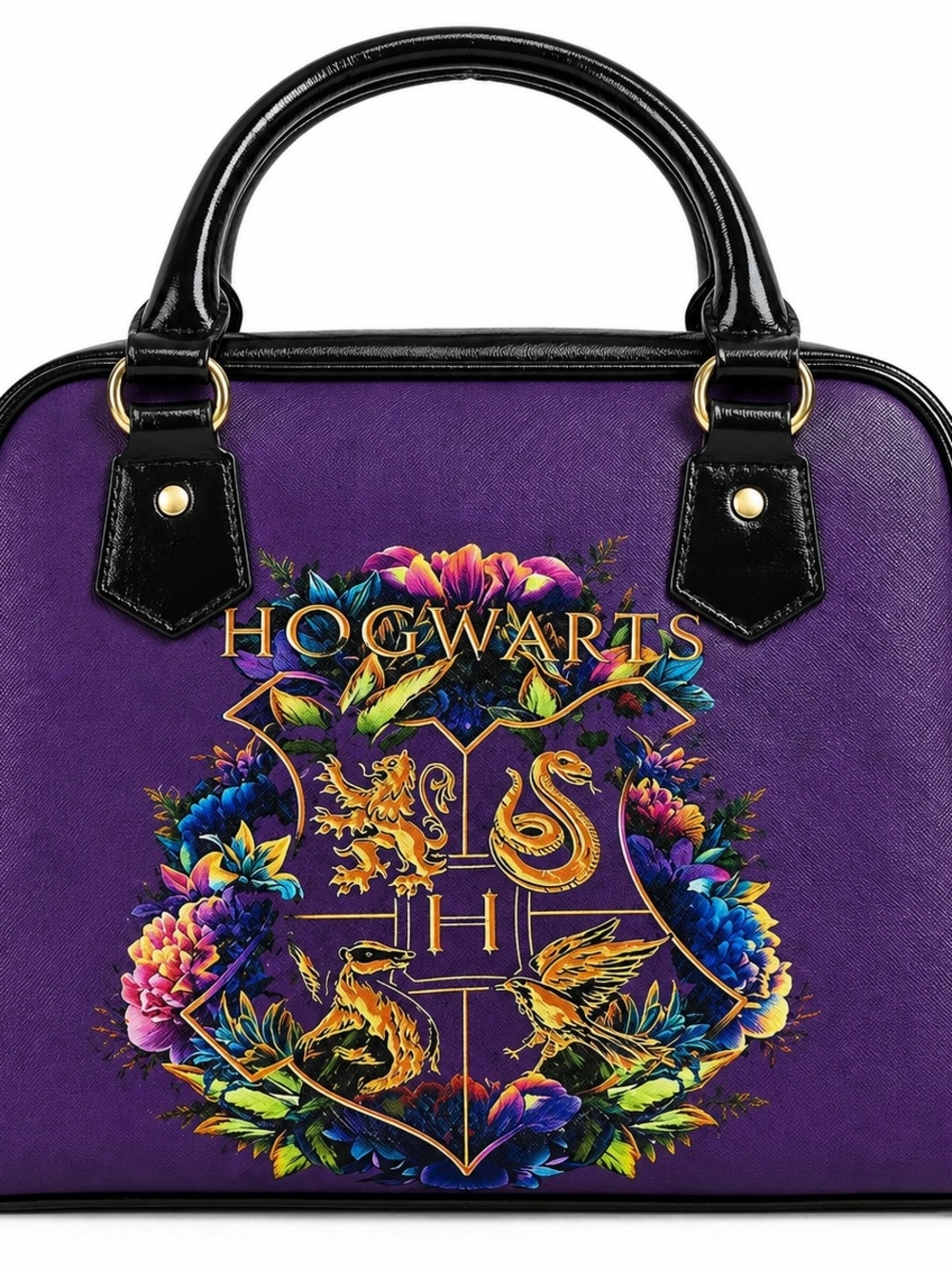 Hogwarts Crest Purple Dome Satchel with Floral Emblem